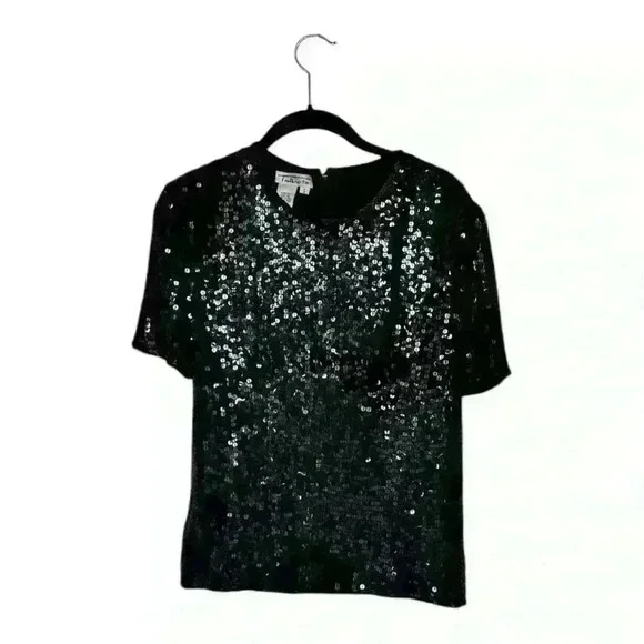 Talbots Vintage 100% Silk Black Sequin Round Neck Short Sleeve Blouse, sz Small - Picture 11 of 11